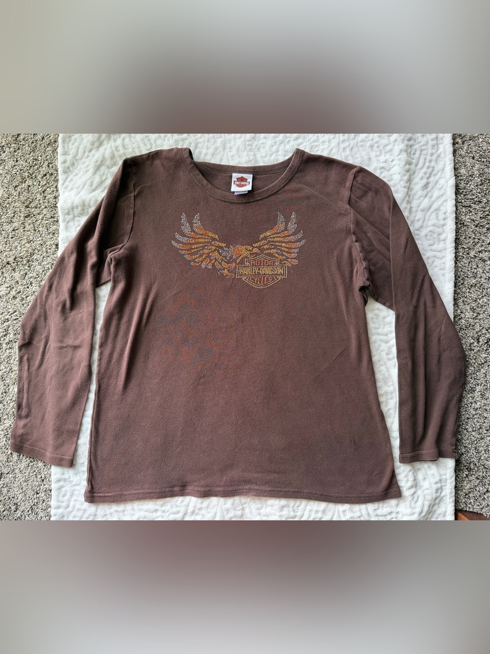Harley-Davidson Women’s Brown Rhinestone Eagle Long Sleeve Graphic Tee | Size W1 - Picture 2 of 10